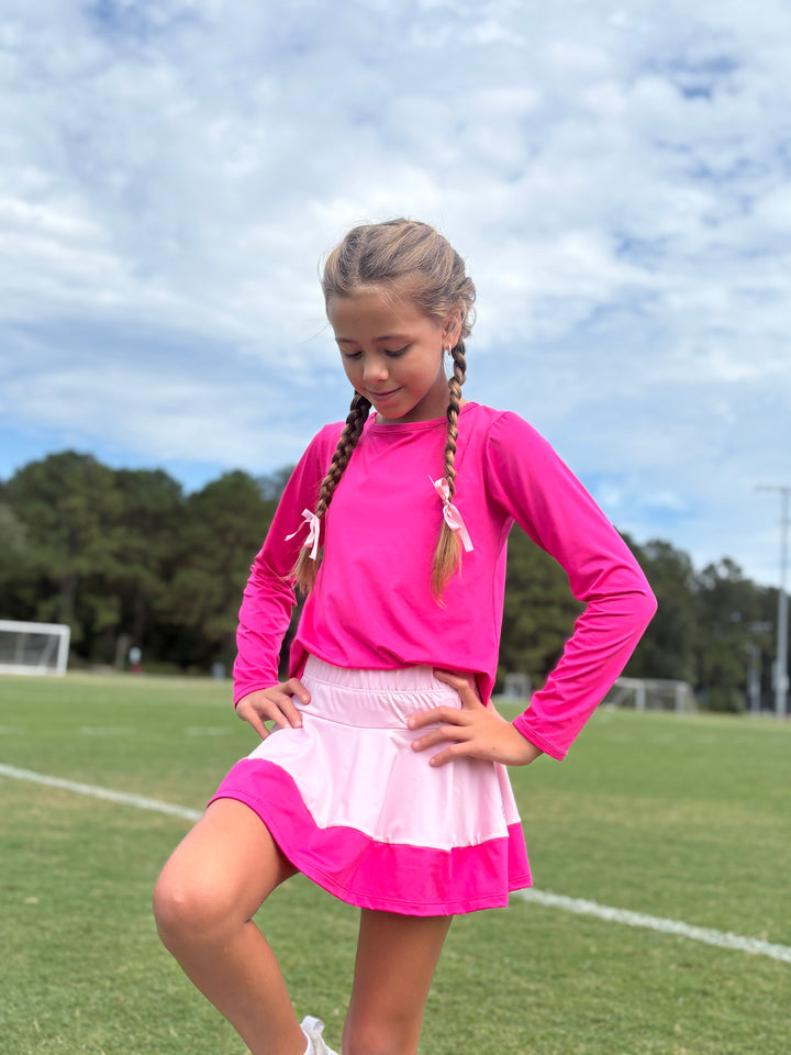 Taylor T Long Sleeve - Power Pink, Coconut White.