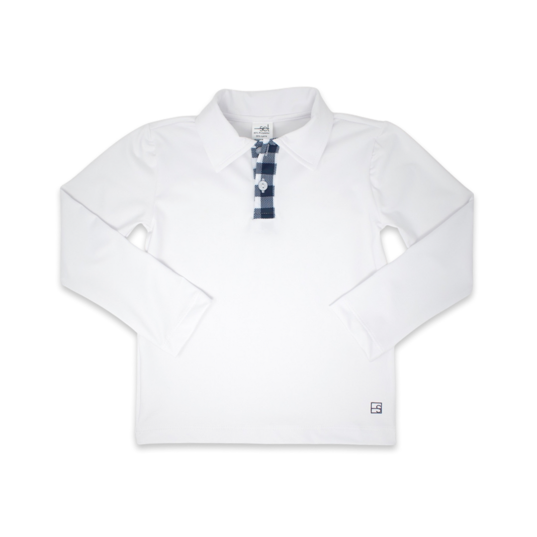 Parker Polo, Long Sleeve - Pure Coconut, Nantucket Navy Buffalo Check