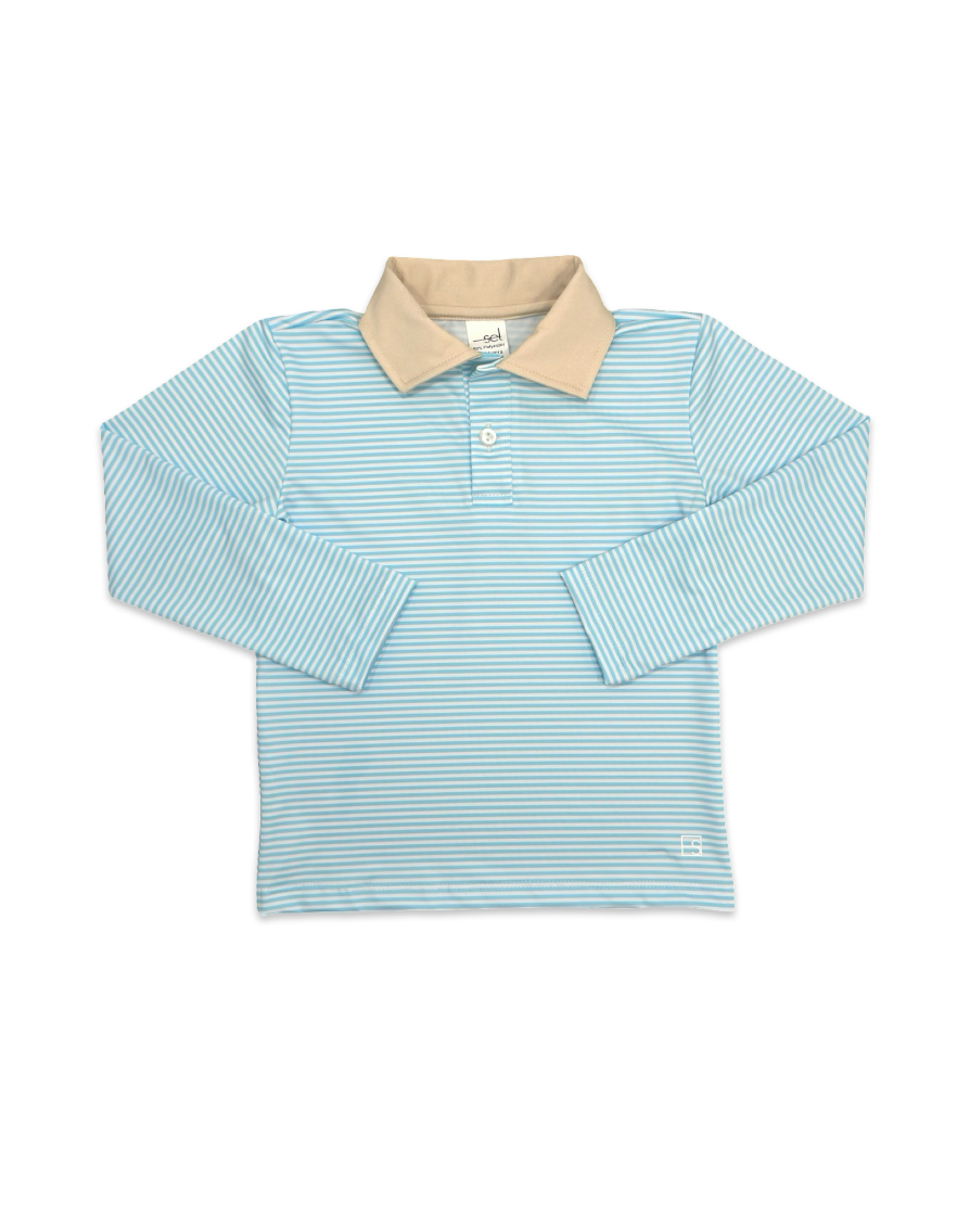 Parker Polo Long Sleeve - Cotton Candy Blue Ministripe, Sandstone Khaki