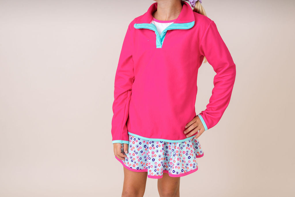 Poppy Pullover - Flower Pink Fleece, Totally Turquoise